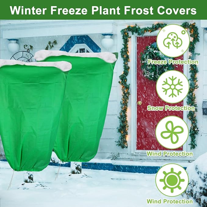 SPORTYOUTH 4 Pack Plant Covers Freeze Protection, 47.2" x 72" Large Winter Frost Blankets Cloth with Zipper Drawstring, 2.4 oz Reusable Jacket Cover Bags for Outdoor Plants Shrub Bush Tree Potted
