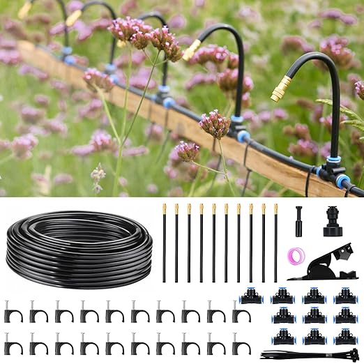 360° Automatic Drip Irrigation Kit - 5/16'' Tubing, Adjustable Universal Spray Nozzle, Copper Atomizing System for Garden/Lawn/Greenhouse - Multi-Directional Rotation, Quick Connectors, 33FT