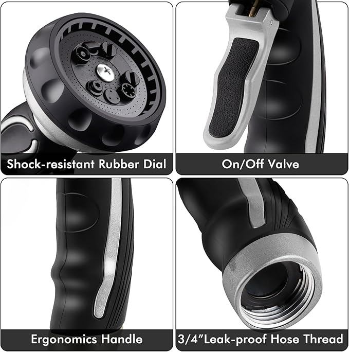 RESTMO Hose Nozzle with Easy Self-Lock Trigger, Heavy Duty Metal Water Hose Sprayer with 9 Spray Patterns and On/Off Valve, Ideal for Outdoor Lawn & Garden Watering, Car & Pet Washing, Silver