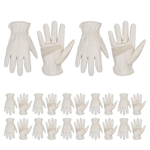 HLDD HANDLANDY 2 Pairs Cowhide Leather Work Gloves with Reinforced Palm for Men & Women (Beige-12pairs, Large (Pack of 12))