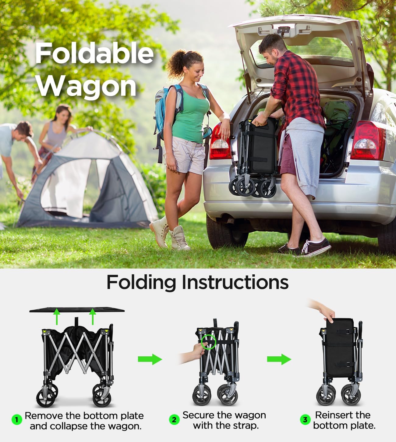 Beach Wagon,Collapsible Wagon 220lbs with Big Wheels FoldableWagon Carts,Portable Utility for Garden Grocery Sports Camping All Terrain-Black