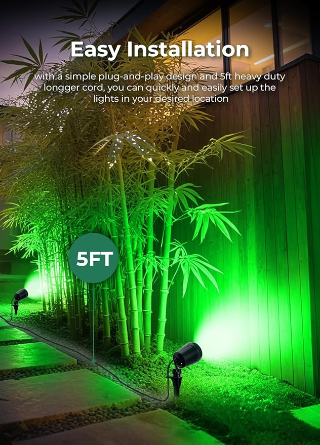 Halloween Spotlights Outdoor, 120V Plug-in Christmas Spot Light, 5000K LED Landscape Lighting with 5 Color Lenses (Red Green Blue Purple Yellow), IP67 Waterproof, 2 Pack