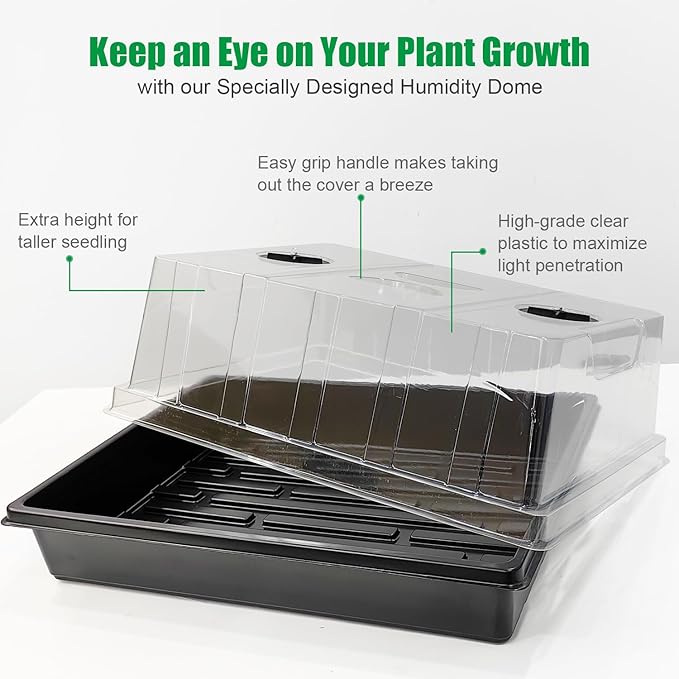 12-Pack Seed Starter Trays with 5'' Tall Humidity Domes – Thick Plastic, Reusable Seedling Tray with Clear Lids for Strong Plant Germination, Ideal Microgreen Growing Trays for Faster Seed Propagation