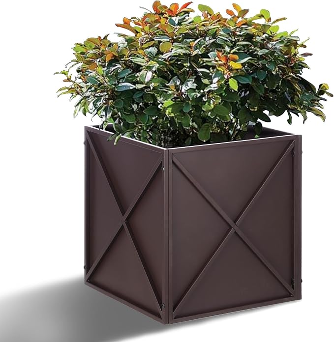 Metal Square Planter Box Tall Planters for Outdoor Plants Modern Heavy Duty with Drainage Holes for Outside Indoor Patio Deck - Brown, 17”x 17”x 18”
