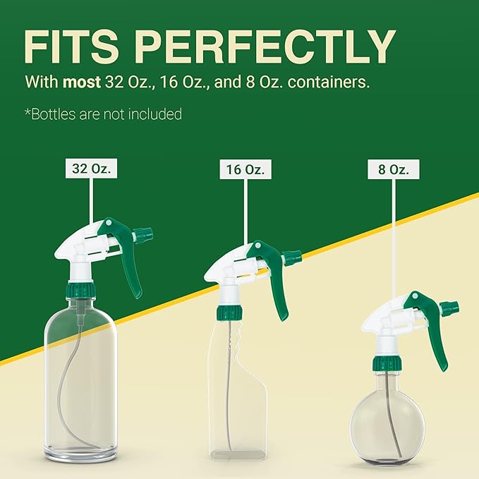 Heluva Green Spray Bottle Nozzle Replacement, Bottle Tops Only - Sprayer Nozzle Triggers for Heavy Duty, Commercial, Home Cleaning Solutions - Fits 8,16,24,32 oz Plastic & Glass Bottles, Green 13 pack