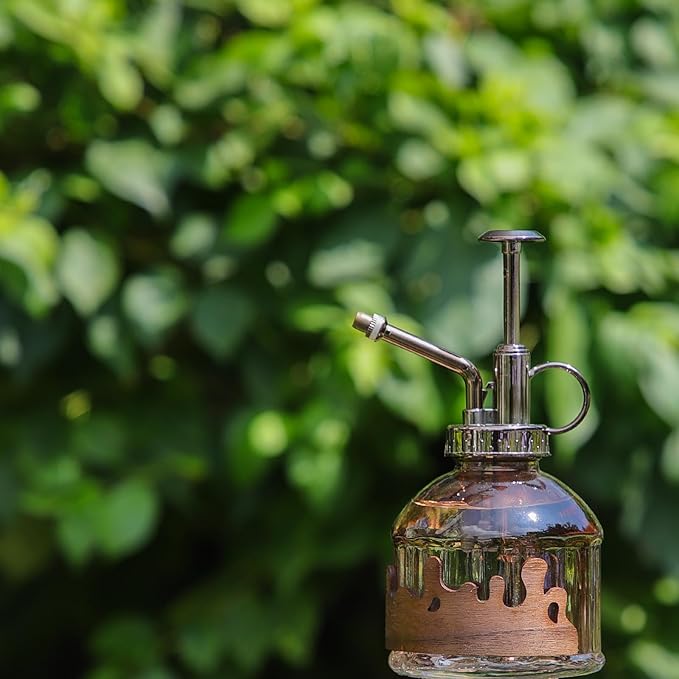 OFFIDIX Glass Plant Mister, 6.3 Inches Tall Vintage Style Spritzer Bronze Plastic Top Pump One Hand Watering Can Indoor Plant Spray Bottle for Garden, Plants, Cleaning (Morning Dew)