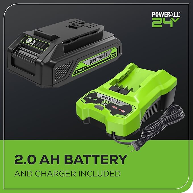 Greenworks 24V (90 MPH / 320 CFM / 150+ Compatible Tools) Cordless Axial Leaf Blower, 2.0Ah Battery and Charger Included