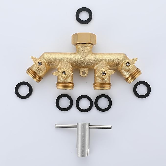 Bropury 4 Way Hose Splitter with Thickened and Optimized, Solid Brass Hose Connector NPT3/4", Hose Spigot Adapter 4 Valves with 5 Extra Rubber Washers and on/off Wrench (4 way)
