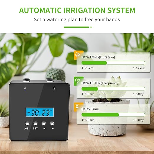 Automatic Plant Waterer Indoor, Indoor Plant Watering Devices with 2 self-Priming Pump, Automatic drip Irrigation kit with 20 Adjustable droppers, self Watering System, programmable Timer