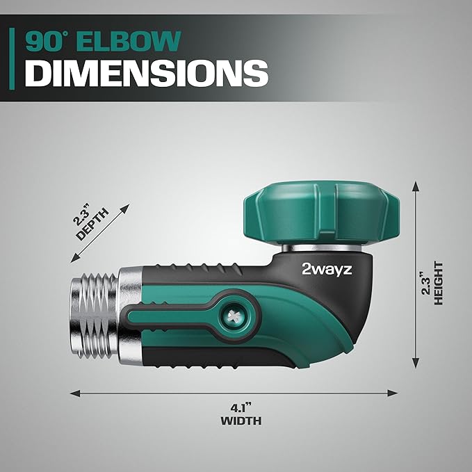 2WAYZ 90 Degree Hose Elbow Adapter - Heavy Duty Full Metal Body Garden Hose Shut Off Valve - 3/4-Inch Inlet and Outlet Angle Connector for RV, Waterhose Elbow - 2.3x2.3x4.1-Inch (Green and Black)