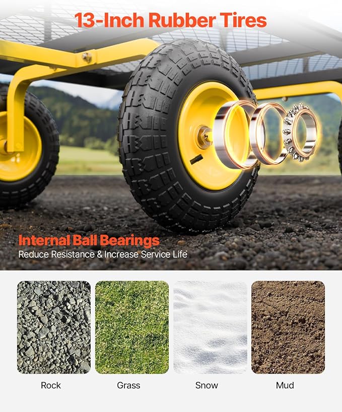 VEVOR 1400 Lbs Steel Garden Cart, Heavy Duty Pullable Garden Wagon Yard Cart, 2 in 1 Outdoor Metal Utility Wagon Yard Trailer with 13" All Terrain Tires, Mesh Removable Sides and 180°Rotating Handle