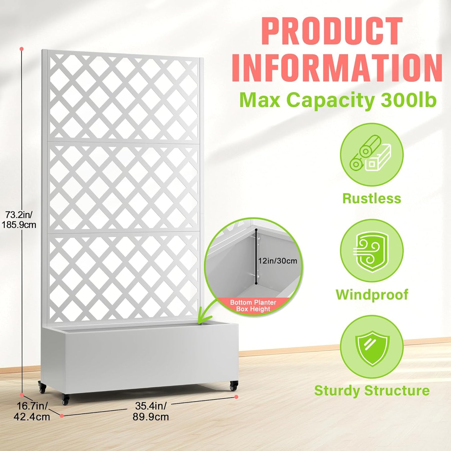 Metal Planter Box with Trellis, Raised Garder Bed with Drainage Hole, Privacy Screen & Trellis for Climbing Plants, Outdoor Plant Stands, 35''L×17''W×73''H, White