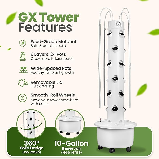 GX Hydroponic Tower | Vertical Planter Tower | Hydroponics Growing System Kit | Food Grade with 24 Net Pots (with LED Grow Lights)
