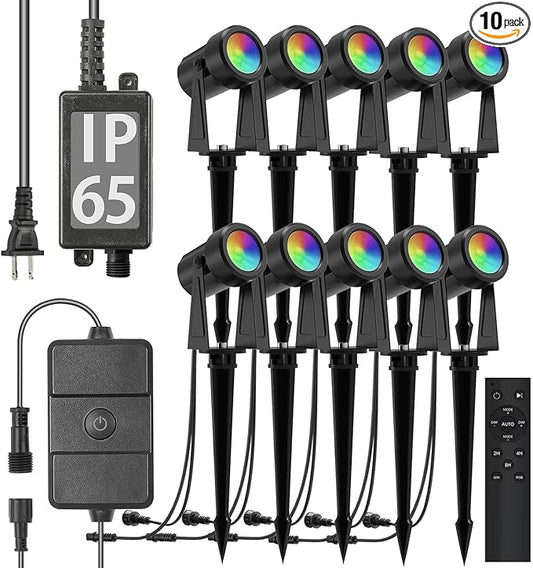 SUNTHIN Outdoor Landscape Lighting with Remote, RGBW Color Changing Spot Uplights,10 Pack
