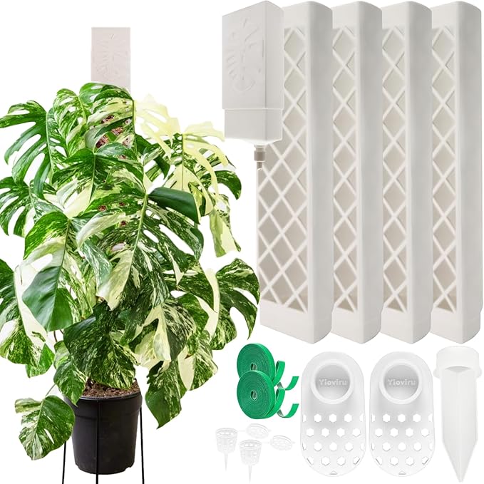 4 Psc 9'' D Shaped Moss Pole with Water dripper,Easy-to-Assemble Monstera Plant Support,Anti-tip Sturdy Plant Poles for Large Climbing Plants,Plastic Moss Pole for Plants Indoor (White)