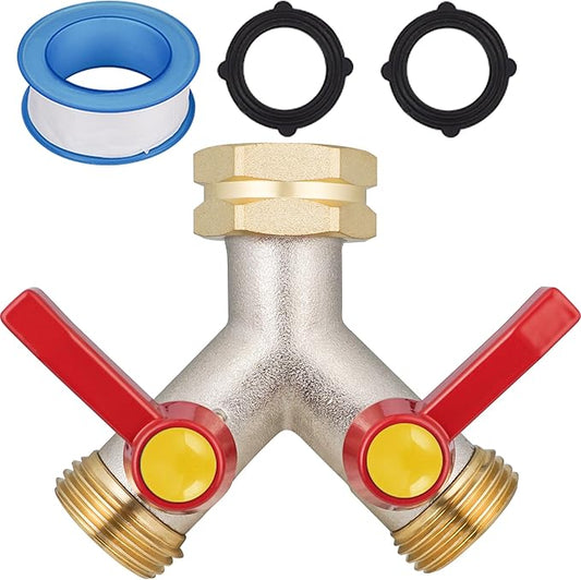 2 Way Hose Splitter, Brass High Flow Garden Hose Splitter Heavy Duty, Hose Connector, Water Spigot Splitter, Full Flow Faucet Splitter with shutoff, 3/4” GHT Inlet
