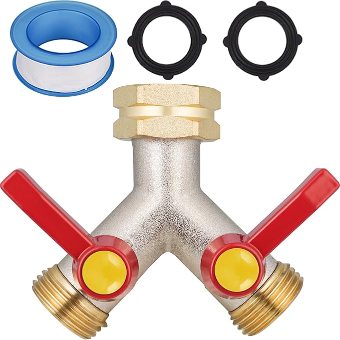 2 Way Hose Splitter, Brass High Flow Garden Hose Splitter Heavy Duty, Hose Connector, Water Spigot Splitter, Full Flow Faucet Splitter with shutoff, 3/4” GHT Inlet