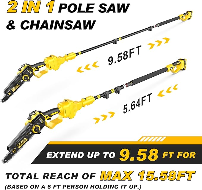 2-in-1 Electric Pole Saws for Tree Trimming,8" Mini Chainsaw Cordless with Extension Pole, 1000W Brushless Motor,Auto Oiling,15.58 FT Max Reach Extension Pole for Outdoors Pruning with 2×Batteries