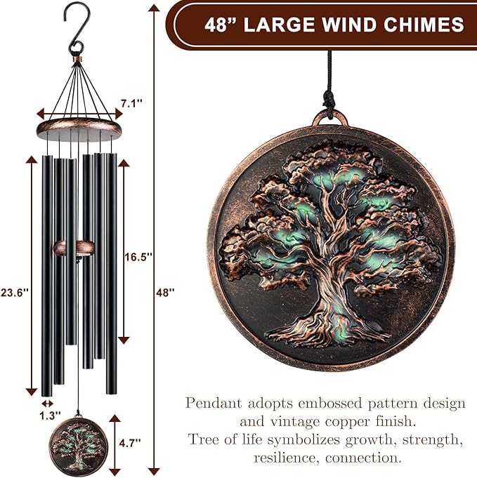 Large Wind Chimes for Outside, 48" Vintage Tree of Life Deep Tone Wind Chime Outdoor Clearance with Heavy Tubes, Patio Porch Garden Decoration, Memorial Gifts for Women Men Mom