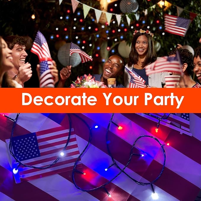 200 LED Red White and Blue Christmas String Lights Outdoor Indoor, 75.8 FT 4th of July Patriotic Lights, Extendable Green Wire Waterproof Mini light for Independence Day Memorial Day Party Decorations