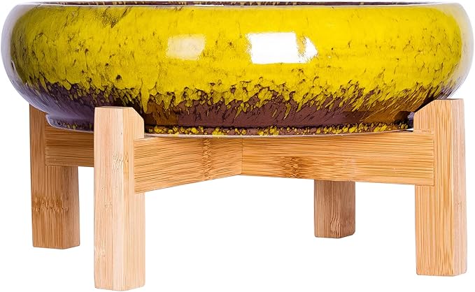 ARTKETTY Succulent Pots - 10 Inch Ceramic Bonsai Pots with Drainage Stand, Large Shallow Planters for Indoor Plants Glazed Cactus Flower Planter Container Bowl