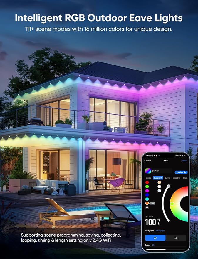 Permanent Outdoor Lights 150ft,RGBW Eaves Light with 108 LED Lights,111+ Scenes Modes Outdoor Lighting, Waterproof Permanent Light for Daily Holiday Halloween Decorations, Works with Alexa,Black
