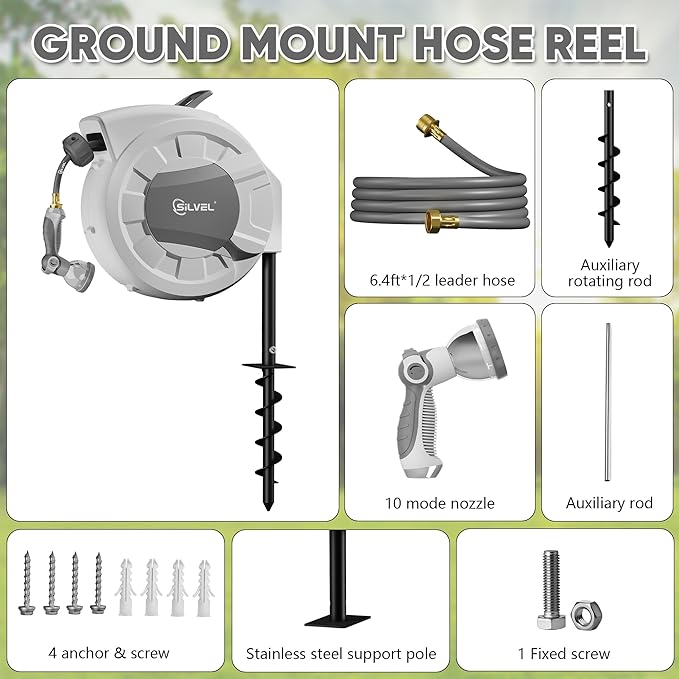 SILVEL Automatic Retractable Garden Hose Reel on Metal Spike, 1/2 in x 90FT Ground Mounted Outside, UV Resistant with 10 Pattern Nozzle, 360° swivel, No Holes in your house, Easy Installation