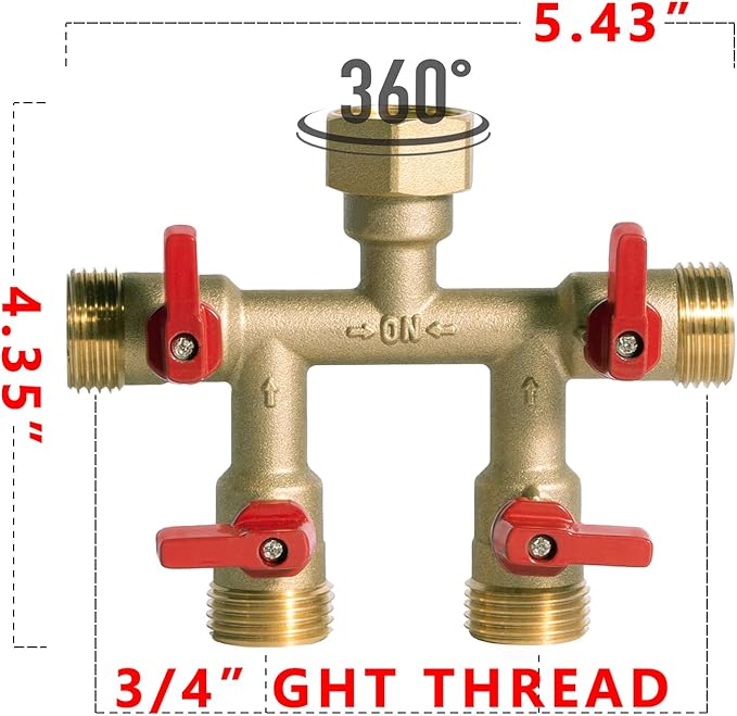 HQMPC Hose Splitter – Heavy-Duty Brass Garden Faucet Connector Garden Hose Splitter 4 Way 3/4" GHT Thread Red Handle