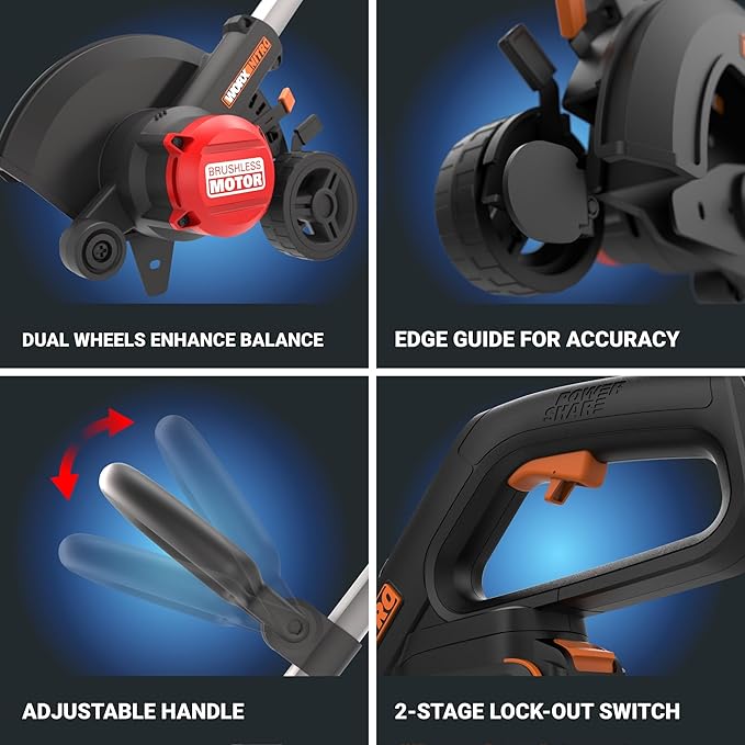 WORX Nitro 20V 7" Cordless Edger 3 Depth Settings, Battery Powered Driveway Edger with Dual Wheels, High-Performance Brushless Trencher Precision Edge Guide WG898 – Battery & Charger Included