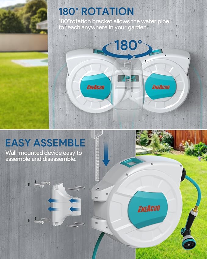 ENEACRO Retractable Garden Hose Reel with Wall Mount 1/2"×100ft with 10 Pattern Hose Nozzle, Brass Connector, Auto Rewind/Any Length Lock/ 180° Swivel Bracket, Ideal for Garden Watering