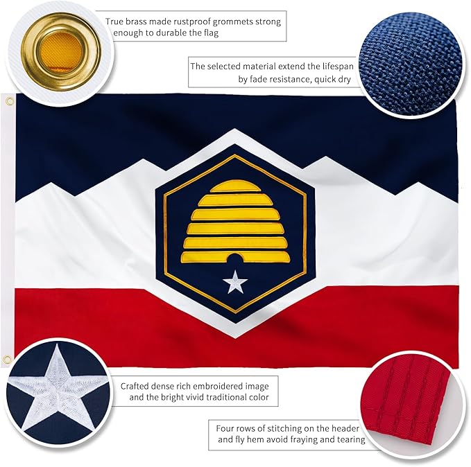 XIFAN Premium New Utah State Flag 3x5 ft Outdoor, Double Sided Embroidered Pattern, Heavy Duty 210D Nylon New UT Flags, the Strongest Longest Lasting for Outside with Sewn Stripes/Brass Grommets