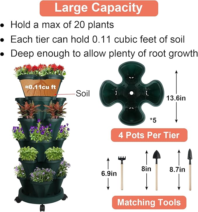 Vertical Planter 6 Tier Stackable Planters Garden Planters Strawberry Herb Flower and Vegetable Planter Indoor Outdoor Gardening Pots with Removable Wheels and Tools