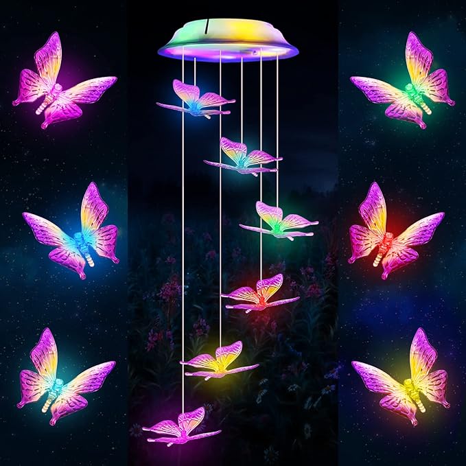 Fohil Solar Butterfly Wind Chimes, Color Changing Solar Wind Chimes for Outside, LED Waterproof Solar Powered Hanging Lights Outdoor Valentine Decorations, Gifts for Women Mom Grandma