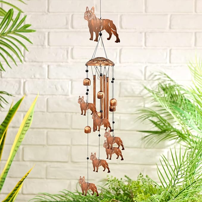 French Bulldog Wind Chimes for Outside, Metal Windchimes Outdoors Birthday Gifts for Women Memorial Sympathy Wind Chimes for Patio Garden Yard