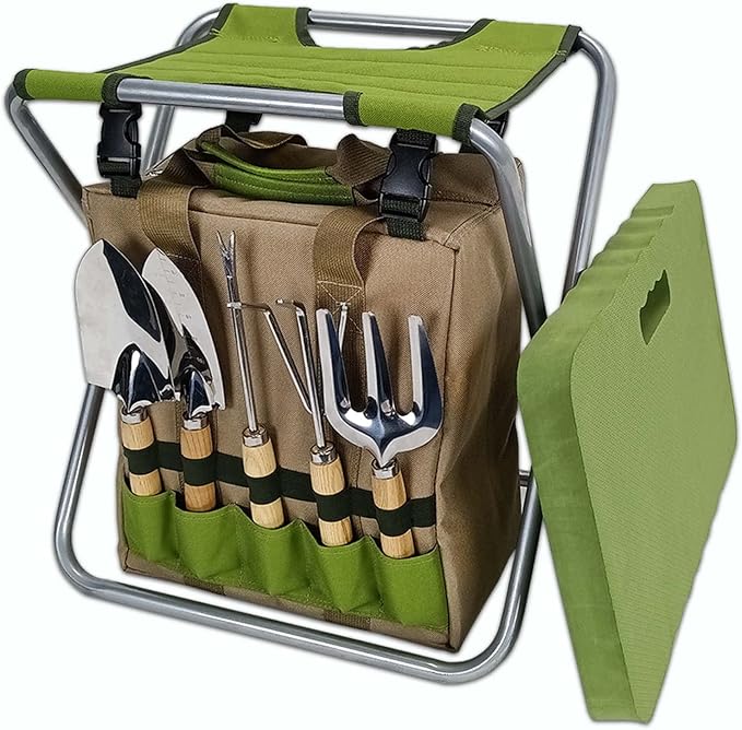 Garden Folding Gardener Stool with Gardening Tools Insulation Garden Bags Plus 5 Garden Tools and Gardening Kneeler Ideal Gift for Mother's Day/Father's Day (Green)
