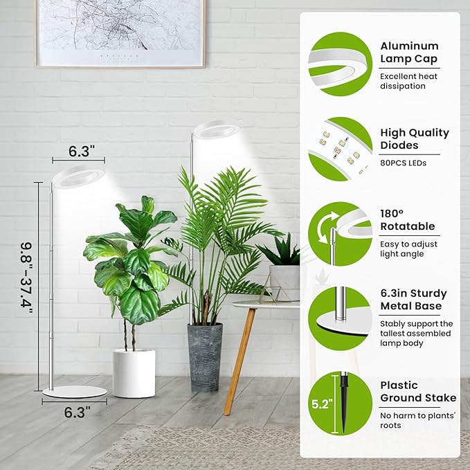 Grow Lights for Indoor Plants, 80 LEDs Full Spectrum Plant Lights for Indoor Growing with 2 Mounting Options, 6/12/16H Timer, 3 Spectrum Modes, 9.8"-37" Height Adjustable Grow Lamp, 2 Pack