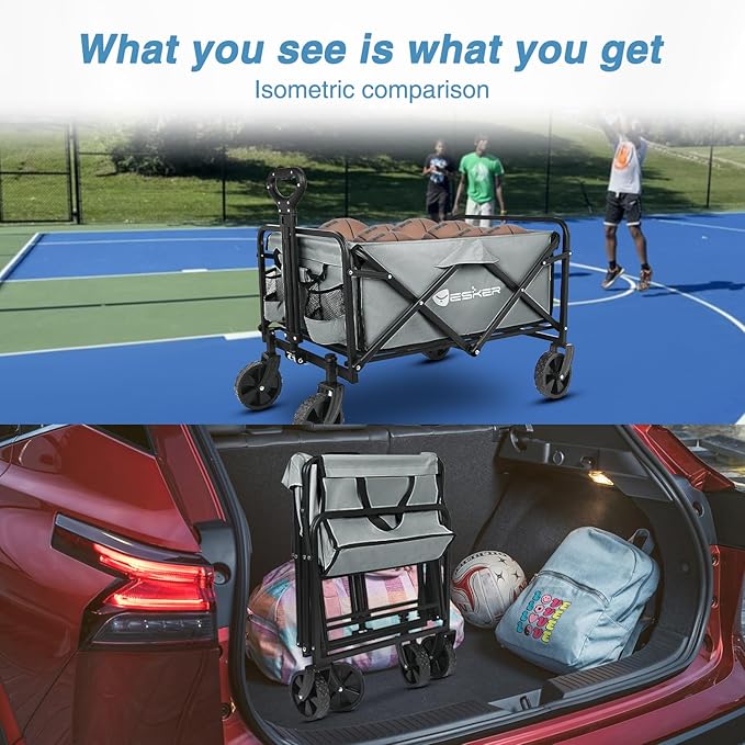 Yesker Foldable Wagon - 220lbs Collapsible Garden Carts with All Terrain Wheels for Outdoor Camping Sports Shopping Gardening - Heavy Duty Portable Utility Trolley (Gray)