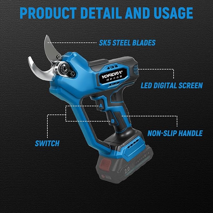 Electric Pruning Shears, 45mm 1.8" Cutting Diameter Cordless Pruning Shears with LED Display & SK5 Blade, Brushless Motor Electric Pruner Garden Tool for Garden Tree Branch (No Battery)