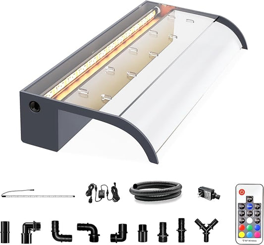 Pool Fountain, LONGRUN Waterfall Spillway for Koi Ponds - 23.6" Transparent Acrylic Waterfall Multi-Color LED Lights for Swimming Pool, Garden Pond, Patios, Spa Decoration