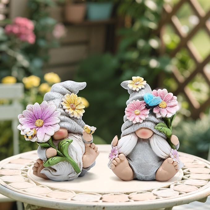 Hodao Set of 2 Spring Gnome Decorations Flower Gnomes Ornaments Decor Summer Outdoor Figurines Spring Elves for Porch, Garden Yard, Flower Bed Garden Gifts for Women, Mom (Grey)