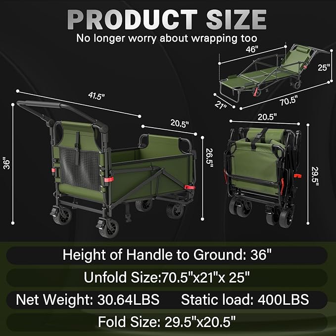LEVELEVE Heavy Duty Folding Wagon - 2-in-1 Collapsible Cart, 400lb Capacity, All-Terrain Wheels w/Brakes & Side Pockets (Army Green)