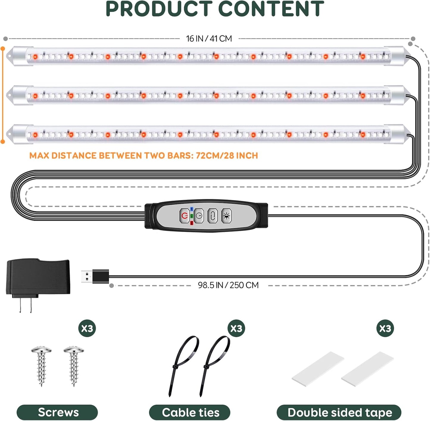 Tri-Bars Grow Light Strips for Indoor Plants with Auto ON/Off Timer 6/12/18H, 5 Dimmable Levels for Shelves Plant Growing(Pack 1)