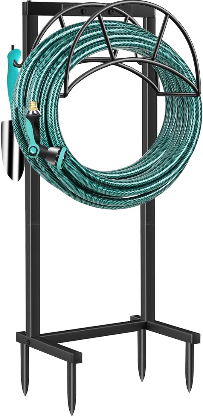 TomCare Garden Hose Holder 4 Spikes Garden Hose Reel Hose Stand Upgraded Water Hose Storage with Tool Hooks Garden Hose Hanger Organizer Holds 160ft Hoses for Outside Yard Lawn, Black