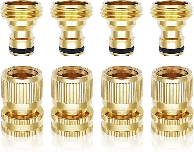 Garden Hose Quick Connector 3/4 Inch GHT, Solid Brass No-Leak Kit (4 Sets: 4 Male + 4 Female) - Quick Connect Fittings for Water Hose