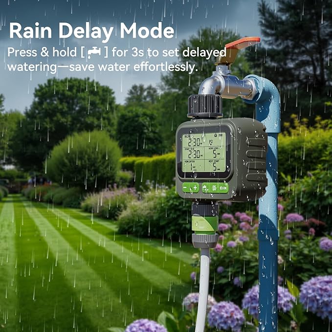 Sprinkler Timer, Programmable Water Timer for Garden Hose, Outdoor Hose Faucet Timed with 4 Plans/Rain Delay/Automatic Watering System, Digital Irrigation for Yard, Lawn, 1 Outlet with 2-Way Splitter