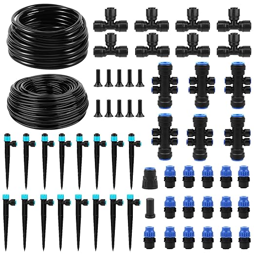 230FT Drip Irrigation System, Quick Connector Automatic Garden Watering System with Adjustable Misting Nozzle Sprinkler, 1/4 inch Blank Distribution Tubing Watering Drip Kit for Greenhouse Patio Lawn