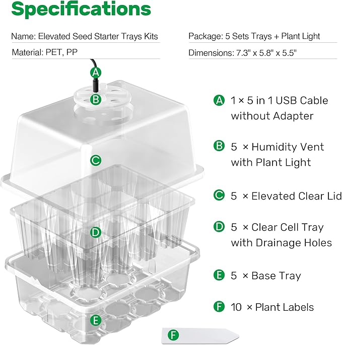 Bonviee 5 Packs Seed Starter Tray with Grow Light, Elevated Seedling Starter Trays Kits with Adjustable Humidity Domes and Clear Cell Tray, 12 Full Spectrum led lamp Beads for Plants Indoor-Clear