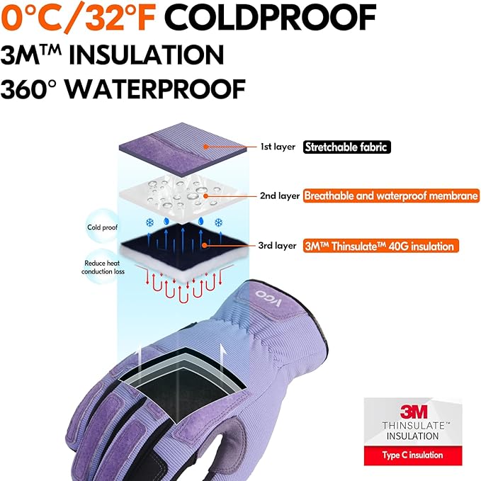 Vgo... Winter Gardening Gloves Women,Safety Work Gloves, Puncture-proof,Thornproof,Touchscreen(1 Pair,L,Purple,SL7471FLWP)