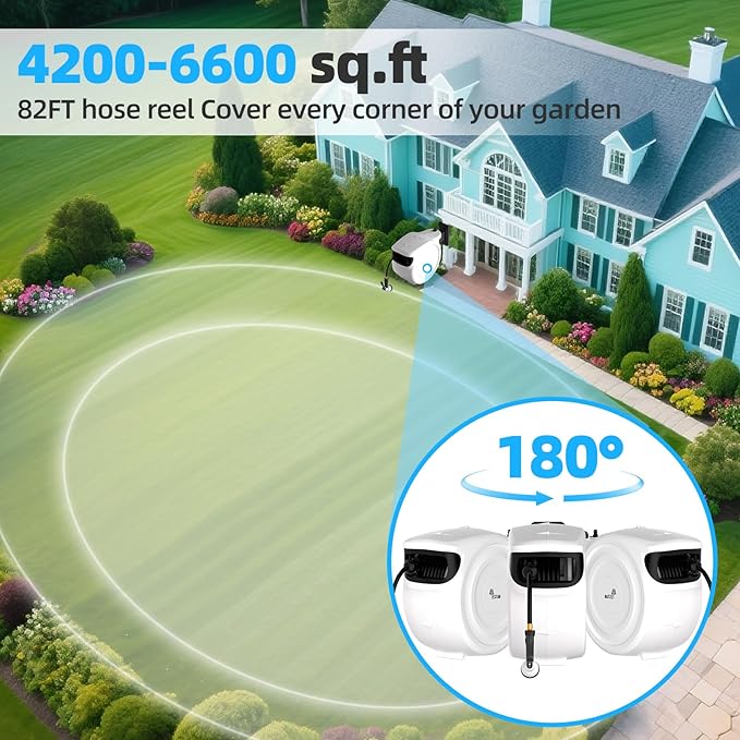 Retractable Garden Hose Reel 1/2"x130 ft, Automatic Hose Reel with 7 Pattern Nozzle,Any Length Lock Wall Mounted &180 Deg Swivel