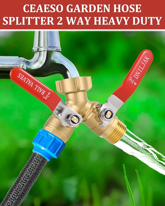 Garden Hose Splitter Way Heavy Duty, Brass Water Hose Splitter With 304 Stainless Steel Long Handle, 3/4 Inch GHT Thread Hose Y Splitter With Shutoff Hose Splitter Adapter (Include Teflon Tape)